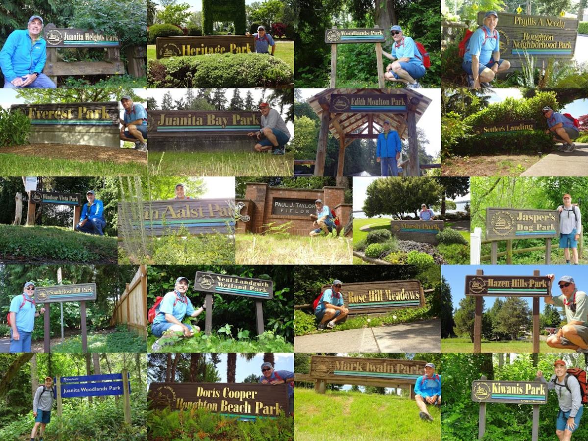 A visual journey through Kirkland's parks with Perry Clawson, marking each achievement at the park signs.