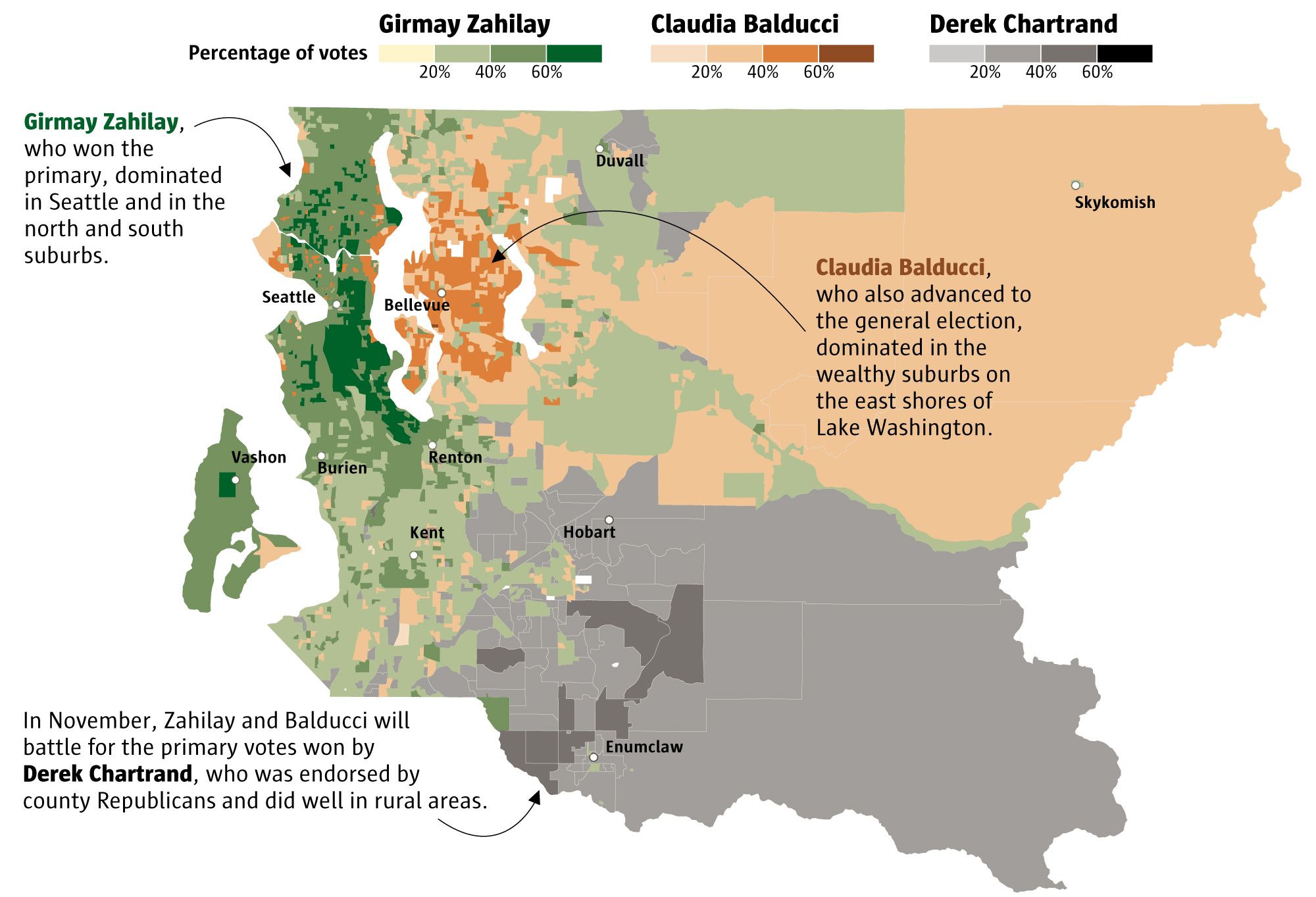 Map illustrating Zahilay's strength west of Lake Washington versus Balducci's dominance in Eastside communities.