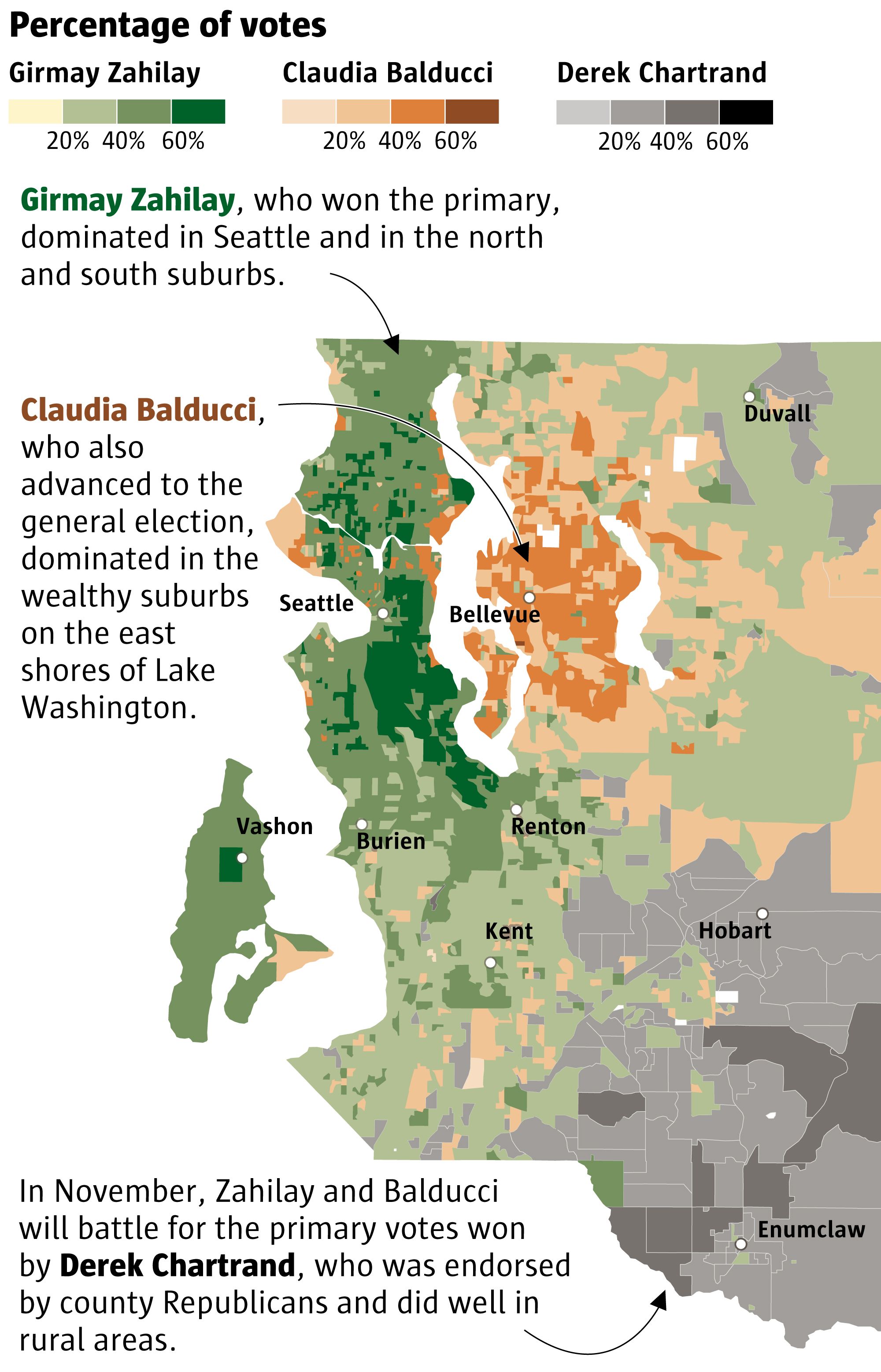 Detailed results showcasing Zahilay's dominance in Seattle and South King County, and Balducci's win rate in Bellevue.
